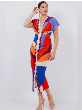 Abstract-Panel V-Neck Midi Dress in Multi-Color